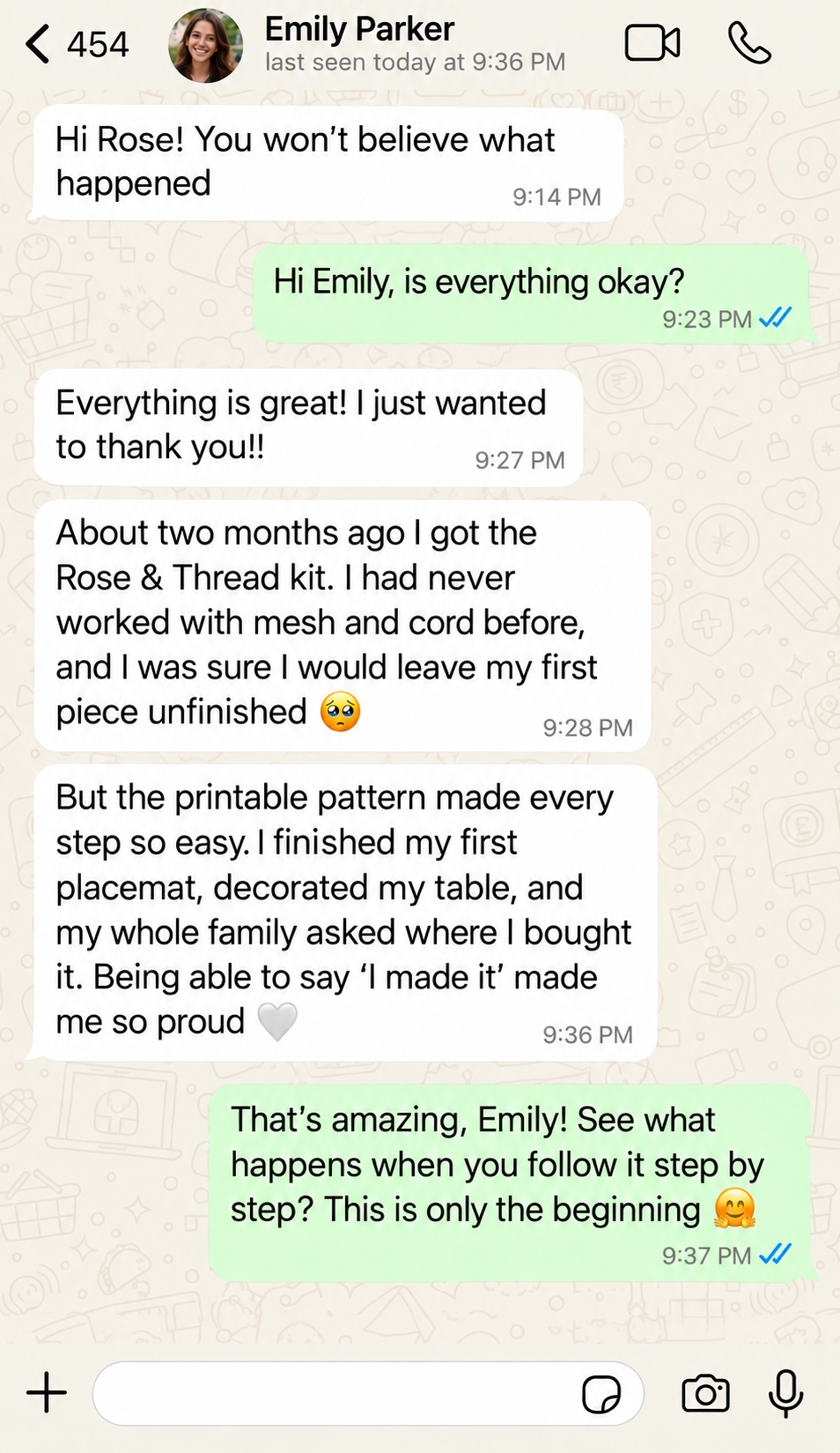 Rose and Thread community-style conversation about completing a first placemat