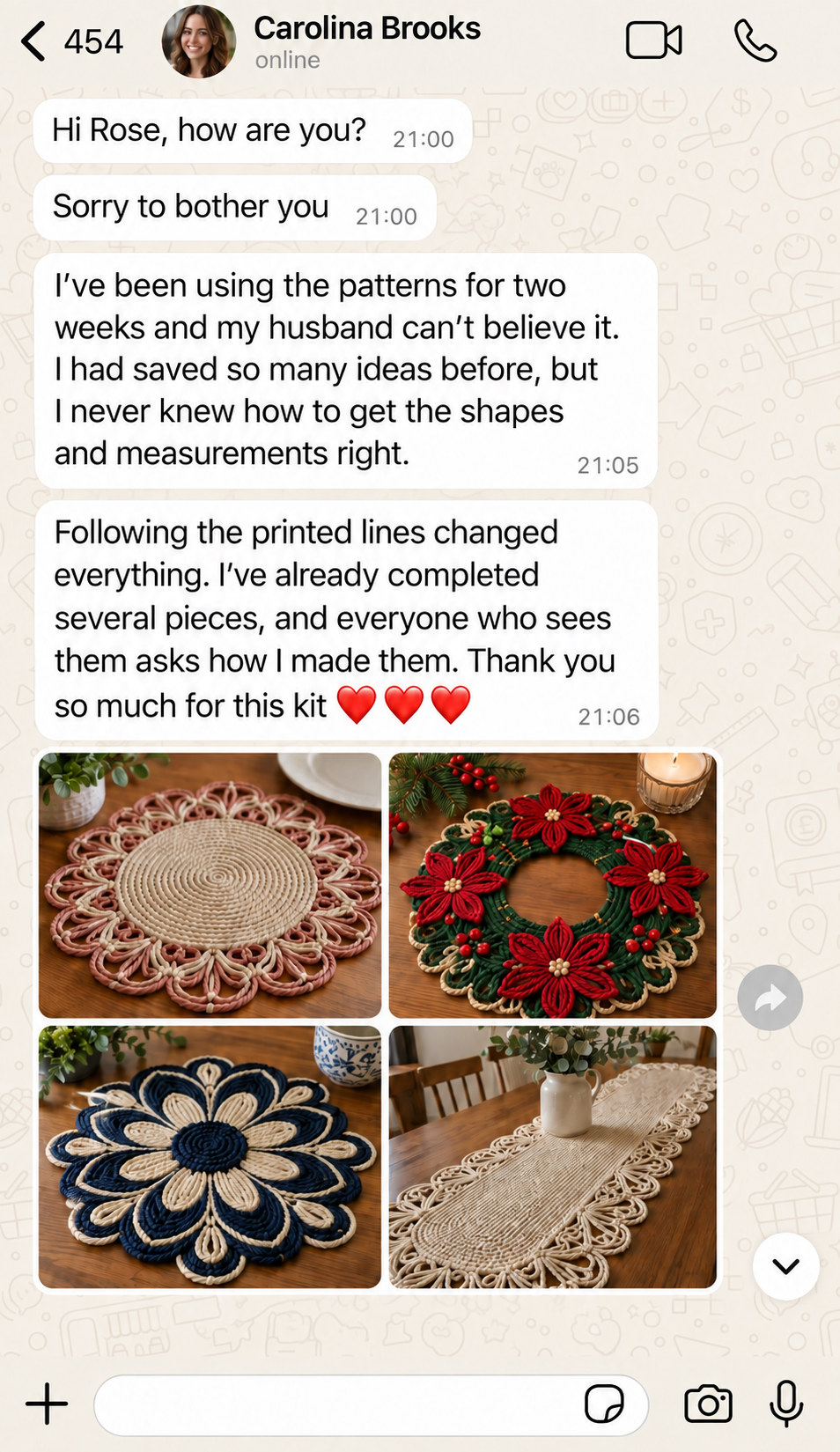 Rose and Thread community-style conversation with finished mesh and cord pieces